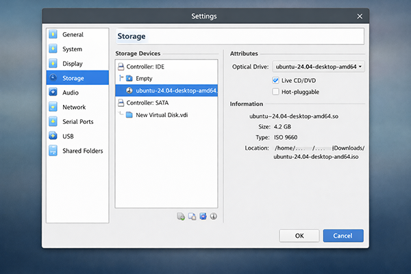 Ubuntu ve CyberPanel Kurulumu Rehberi 4 VirtualBox Ubuntu ISO Baglama Ekrani
