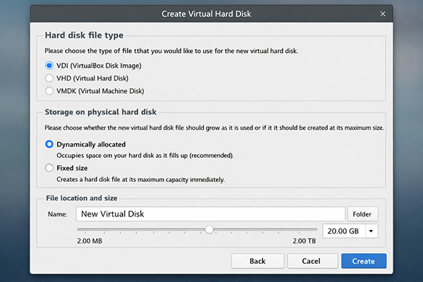Ubuntu ve CyberPanel Kurulumu Rehberi 3 VirtualBox VDI Dinamik Disk Olusturma Ekrani